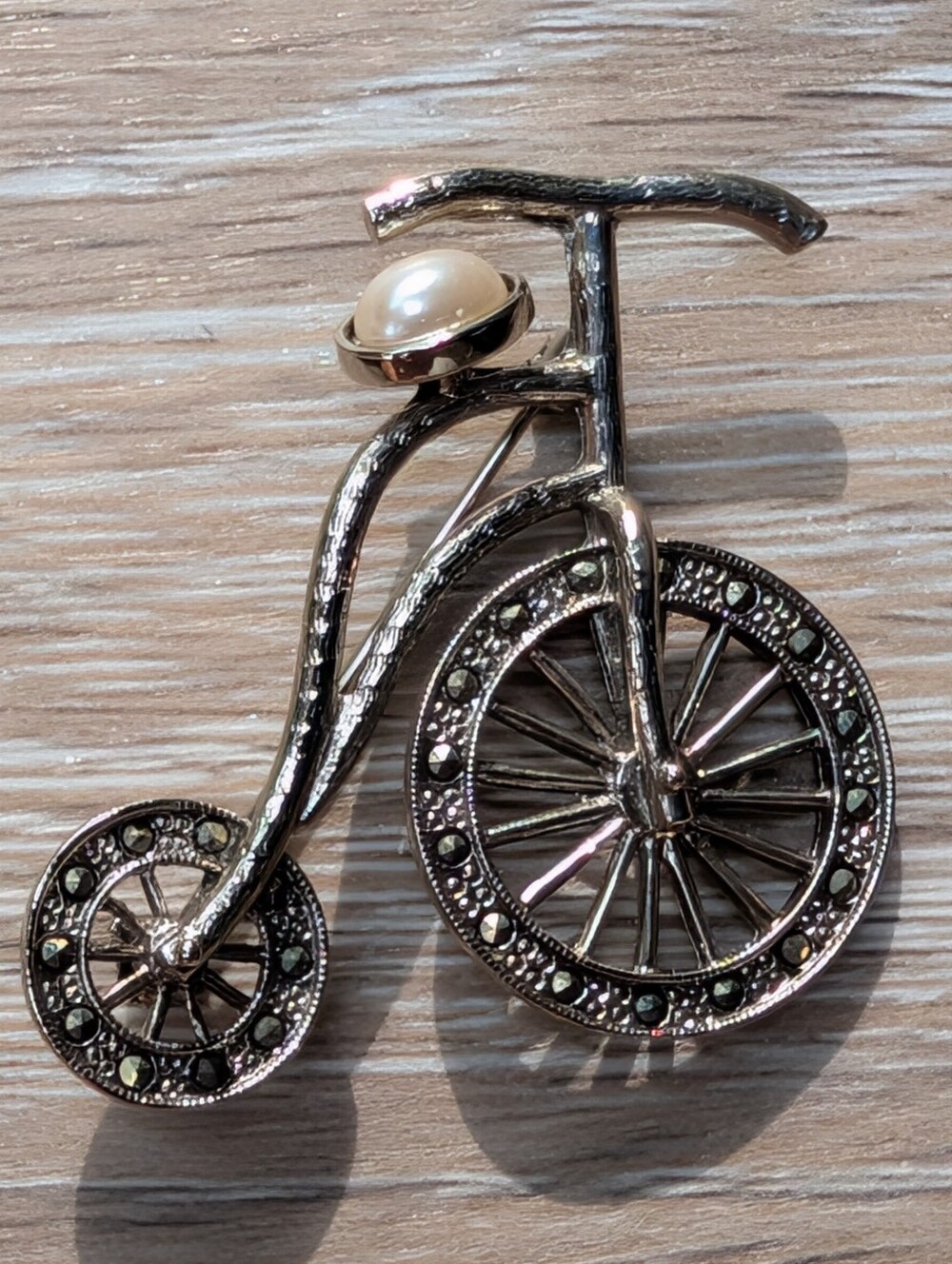 Vintage Silver Tone Penny Farthing Bicycle Brooch with Pearl Accent